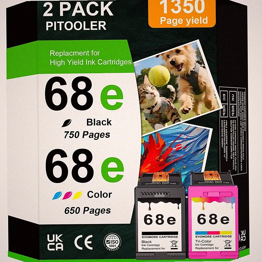 68XL Ink Cartridges Black and Color Combo Pack for HP Ink 68 68e for Envy 610...