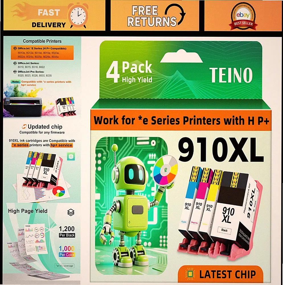 High-Capacity 910XL Ink Cartridges Combo Pack for HP OfficeJet Pro Printers (4-P