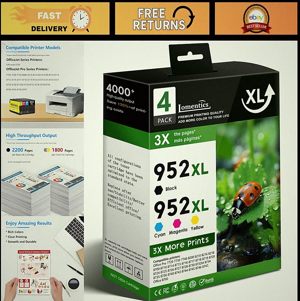 High Yield 952XL Ink Cartridges Combo Pack - 4 Color Set for Office Printers